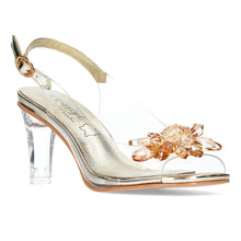 Load image into Gallery viewer, A pair of gold-colored heels with ankle straps