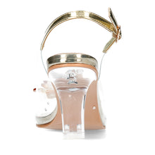 Load image into Gallery viewer, A pair of gold-colored heels with ankle straps