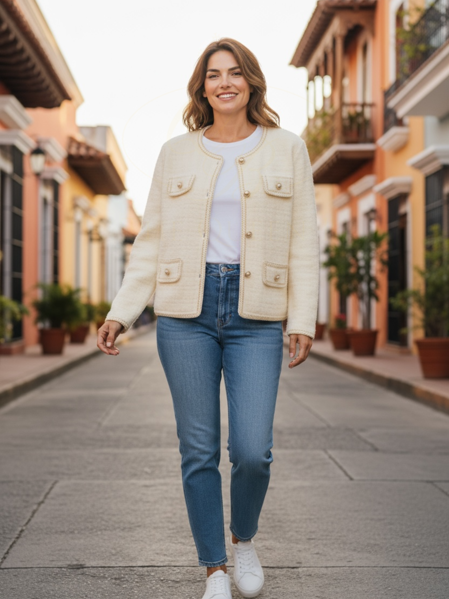 PARAMOUR Design JKT 8075 – elegant tweed-style jacket with contrast stitching, pearl button detailing and front pockets for a chic, tailored look.