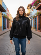 Load image into Gallery viewer, PARAMOUR Sequin Polo 8061 – elegant knitted jumper with vertical sequin detailing and a high ribbed neckline, perfect for chic day-to-night styling.