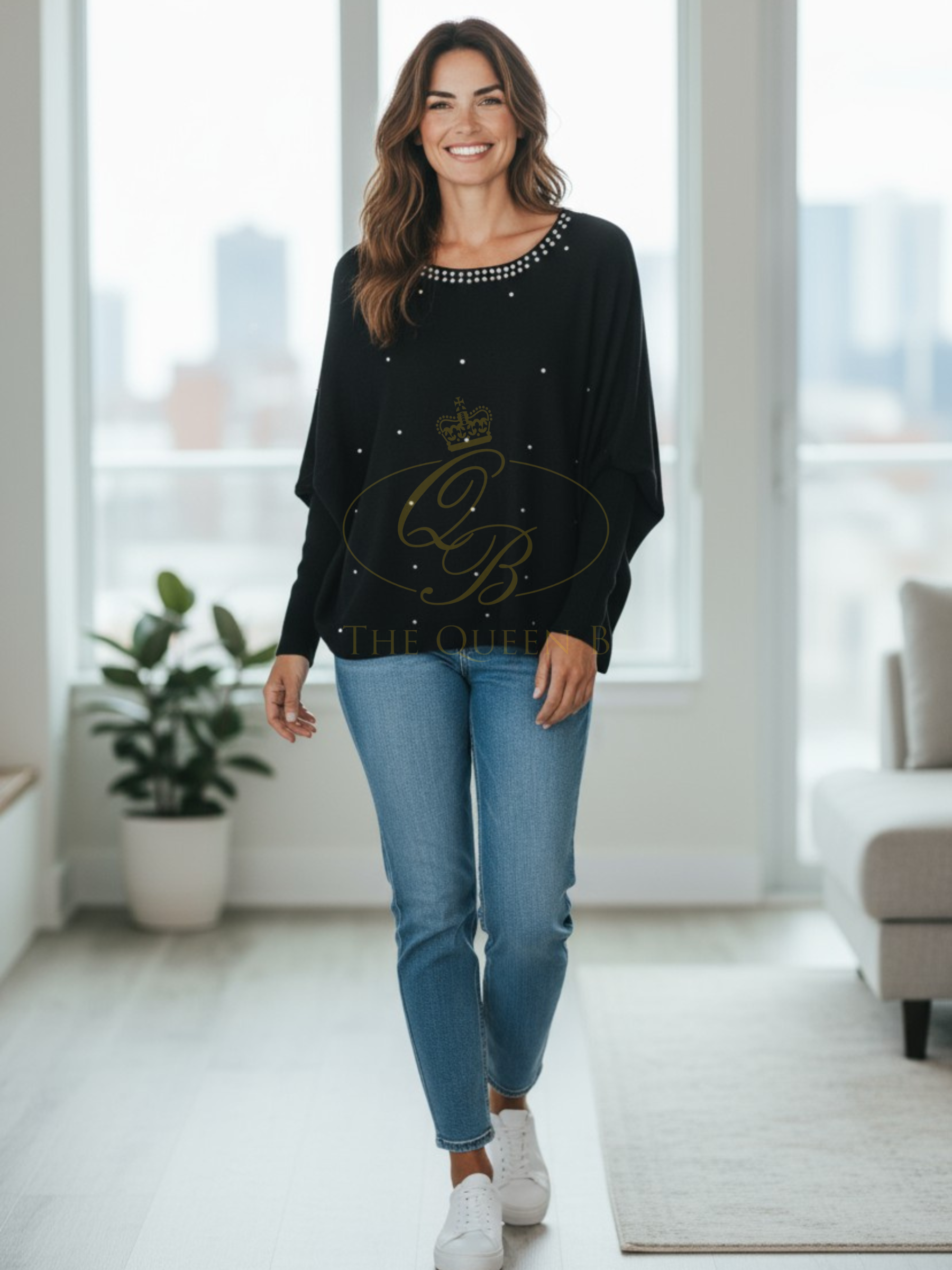 PARAMOUR PK8046 Black Embellished Knit Jumper – women’s black knit jumper with pearl-effect stud detailing, round neckline and long sleeves. A versatile knitwear piece for chic day-to-evening looks.