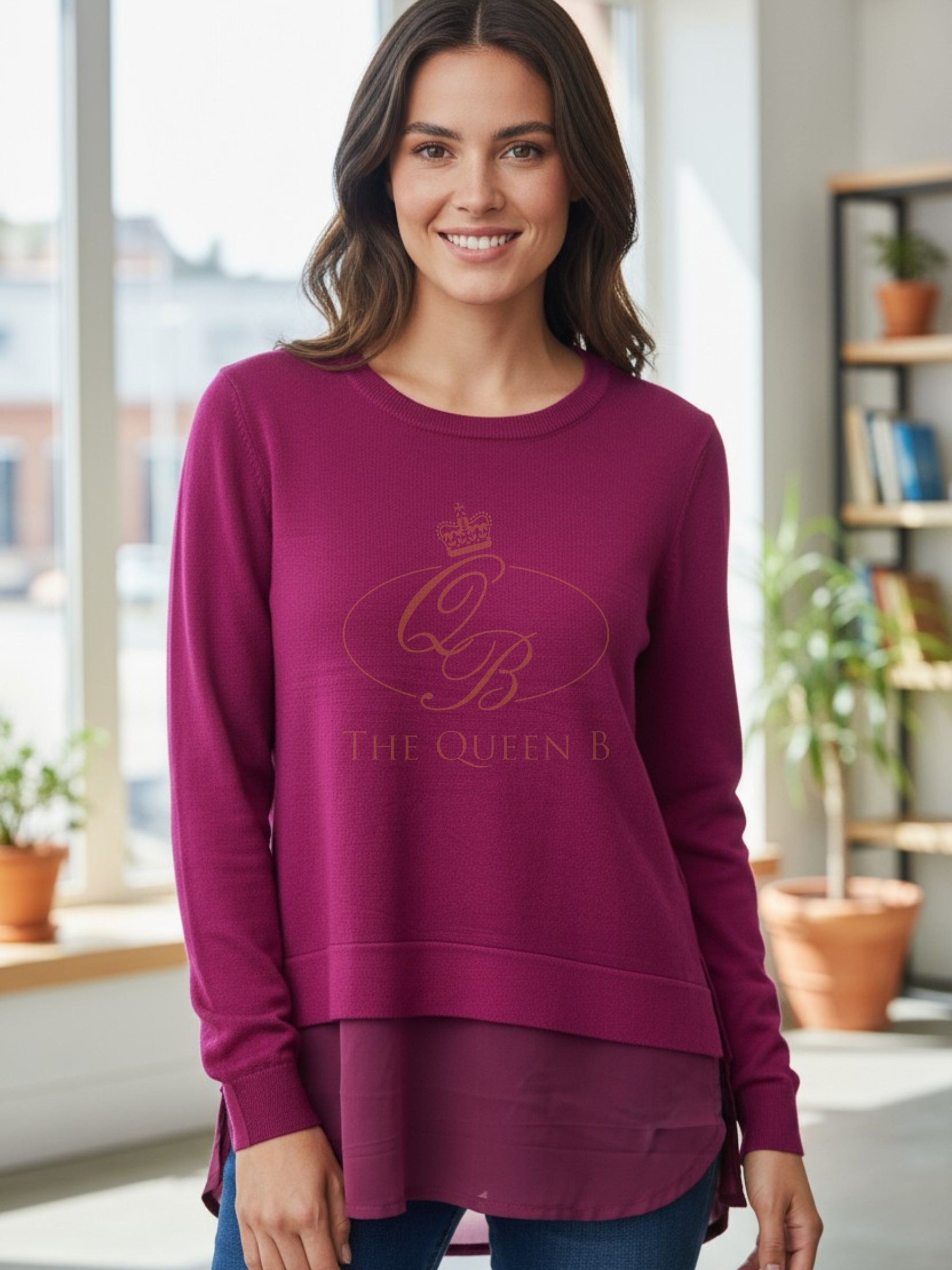 PARAMOUR PK3061 Magenta Mesh Hem Jumper featuring a layered sheer mesh hem and vibrant knit design.