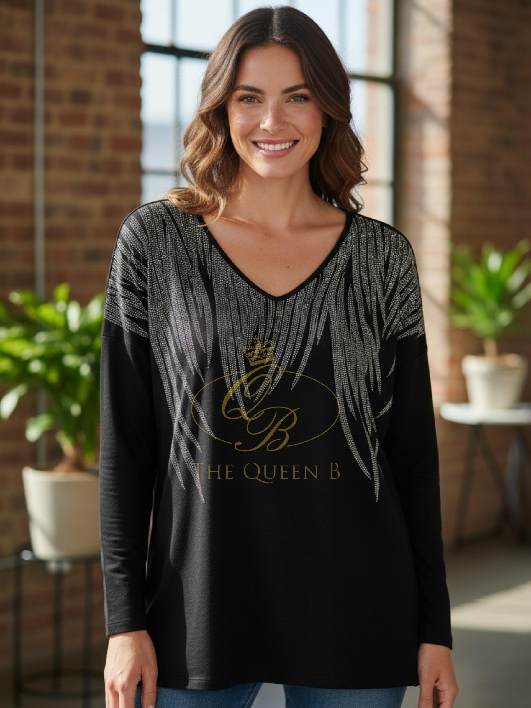 PARAMOUR PK8019 black jumper with silver embellished detailing across the shoulders and neckline.