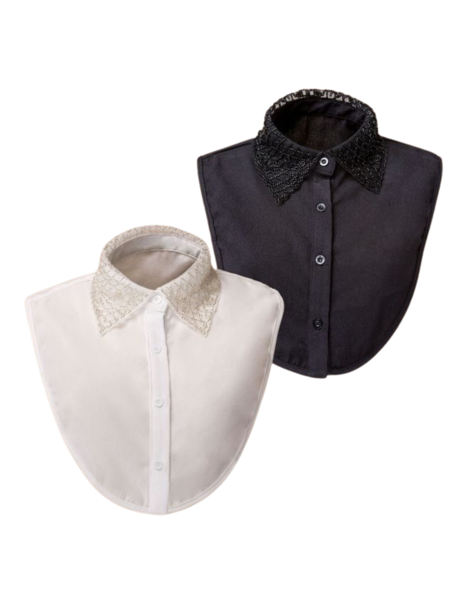 PCHA 7726 Black Crystals Embellished Cotton Collar featuring diamond-pattern crystal detailing, button fastening, and adjustable side straps for a polished layered look.