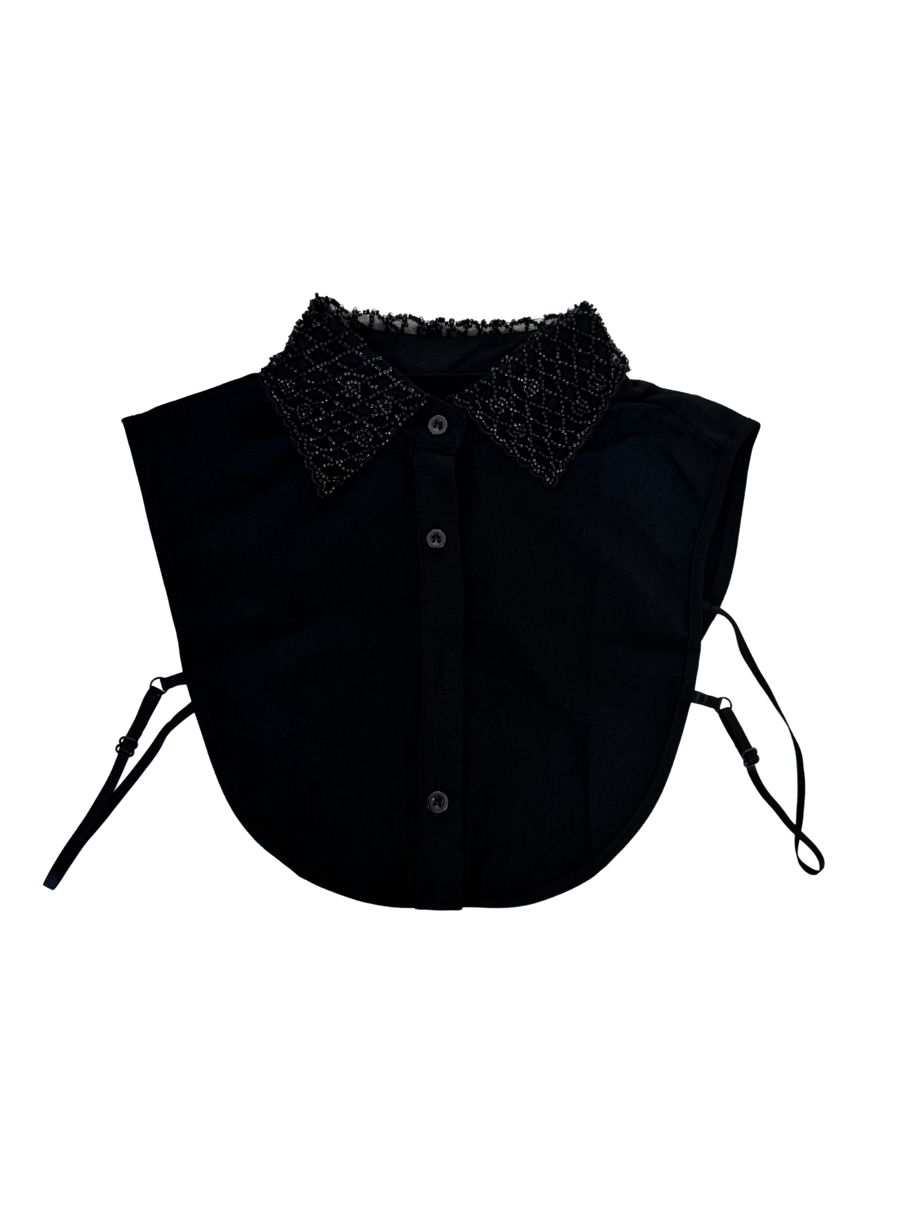 PCHA 7726 Black Crystals Embellished Cotton Collar featuring diamond-pattern crystal detailing, button fastening, and adjustable side straps for a polished layered look.