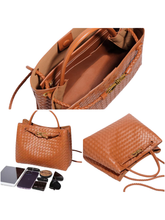 Load image into Gallery viewer, PCHA B1783 Woven Bag featuring elegant woven texture, gold tone knot detail and structured boutique design perfect for day to night styling.