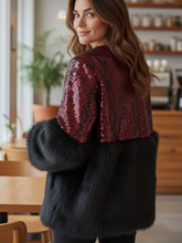Load image into Gallery viewer, PCHA DH26 Red Sequin & Faux Fur Trim Jacket – red sequin jacket with black faux fur sleeves and hem. Perfect for glamorous winter and festive styling.