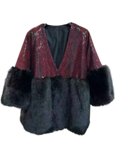 Load image into Gallery viewer, PCHA DH26 Red Sequin & Faux Fur Trim Jacket – red sequin jacket with black faux fur sleeves and hem. Perfect for glamorous winter and festive styling.