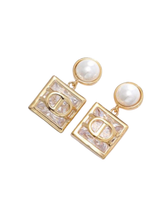 Load image into Gallery viewer, PCHA EUR576 Gold Pearl & Crystal Earrings featuring gold-tone square crystal drops with pearl studs, perfect for elegant and occasion styling.