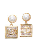 Load image into Gallery viewer, PCHA EUR576 Gold Pearl & Crystal Earrings featuring gold-tone square crystal drops with pearl studs, perfect for elegant and occasion styling.