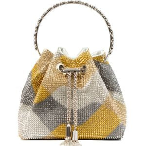PCHA G1142 Grey & Gold Pouch Bag – metallic evening pouch with silver-tone ring handle and tassel detail, women’s statement party handbag.