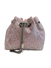 Load image into Gallery viewer, PCHA G1142 Pink Pouch Bag featuring sparkling rhinestone embellishments, silver handle, chain tassel detail and a glamorous drawstring design perfect for evening occasions.