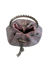 Load image into Gallery viewer, PCHA G1142 Pink Pouch Bag featuring sparkling rhinestone embellishments, silver handle, chain tassel detail and a glamorous drawstring design perfect for evening occasions.
