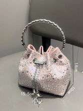 Load image into Gallery viewer, PCHA G1142 Pink Pouch Bag featuring sparkling rhinestone embellishments, silver handle, chain tassel detail and a glamorous drawstring design perfect for evening occasions.