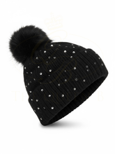 Load image into Gallery viewer, PCHA SD117 Black Sequin Pompom Hat – black knit hat with sequins and faux fur pompom, also available in red and cream. Perfect for chic winter styling.