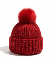 Load image into Gallery viewer, PCHA SD117 Red Sequin Pompom Hat – red sequin-embellished knit hat with faux fur pompom, also available in black and cream. Perfect for winter and festive styling.