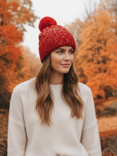 Load image into Gallery viewer, PCHA SD117 Red Sequin Pompom Hat – red sequin-embellished knit hat with faux fur pompom, also available in black and cream. Perfect for winter and festive styling.