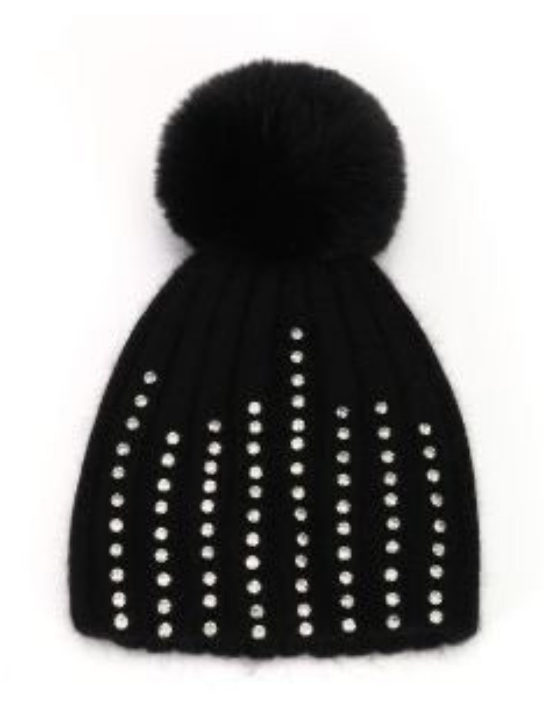 PCHA SD118 Black Crystals Studded Pompom Hat with ribbed knit, crystal embellishment and faux fur pompom, perfect for chic winter styling.