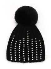 Load image into Gallery viewer, PCHA SD118 Black Crystals Studded Pompom Hat with ribbed knit, crystal embellishment and faux fur pompom, perfect for chic winter styling.