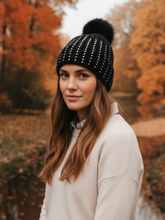 Load image into Gallery viewer, PCHA SD118 Black Crystals Studded Pompom Hat with ribbed knit, crystal embellishment and faux fur pompom, perfect for chic winter styling.