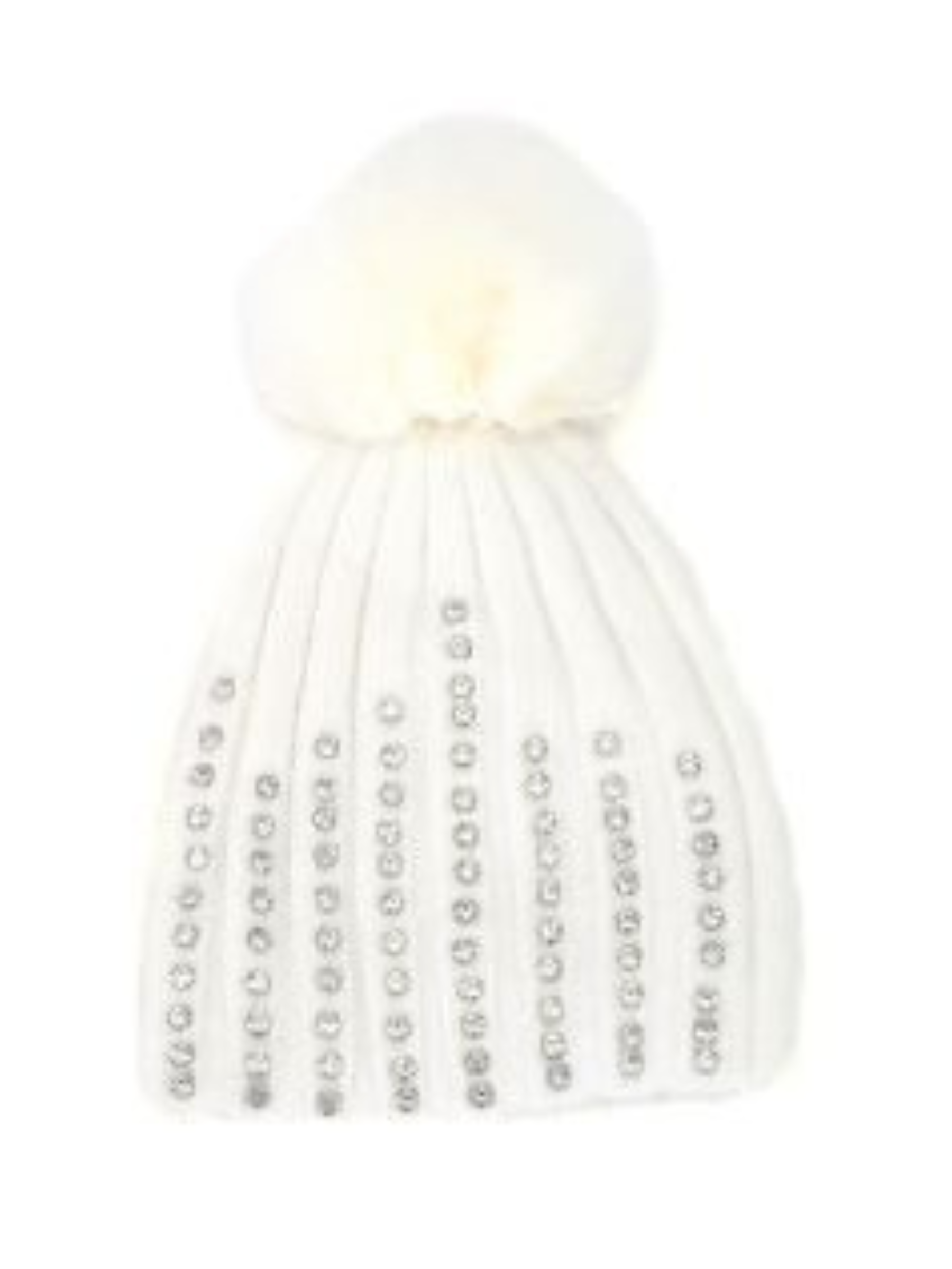 PCHA SD118 Cream Crystals Studded Pompom Hat – cream ribbed knit hat with crystal studding and faux fur pompom, also available in black. Perfect for chic winter styling.
