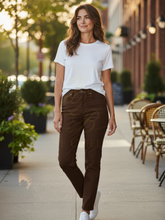 Load image into Gallery viewer, PINNS 721T reversible denim jeans in chocolate brown and animal print, slim-fit stretch cotton with two-in-one versatile style.