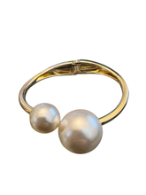 Load image into Gallery viewer, QB25 Gold Pearl Statement Bracelet open bracelet with twin pearl detailing elegant women’s jewellery piece perfect for day to night and occasionwear styling.