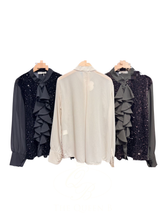 Load image into Gallery viewer, QBAW25 BC Cream Floss Blouse featuring sequin embellishment, long chiffon sleeves and cascading ruffle detailing.