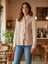 Load image into Gallery viewer, QBAW25 BC Cream Floss Blouse featuring sequin embellishment, long chiffon sleeves and cascading ruffle detailing.