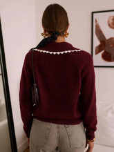 Load image into Gallery viewer, QBAW25 BC Margot Wine Red Jumper – women’s red knit jumper with scalloped contrast collar and V-neckline. Stylish and feminine knitwear for any occasion.