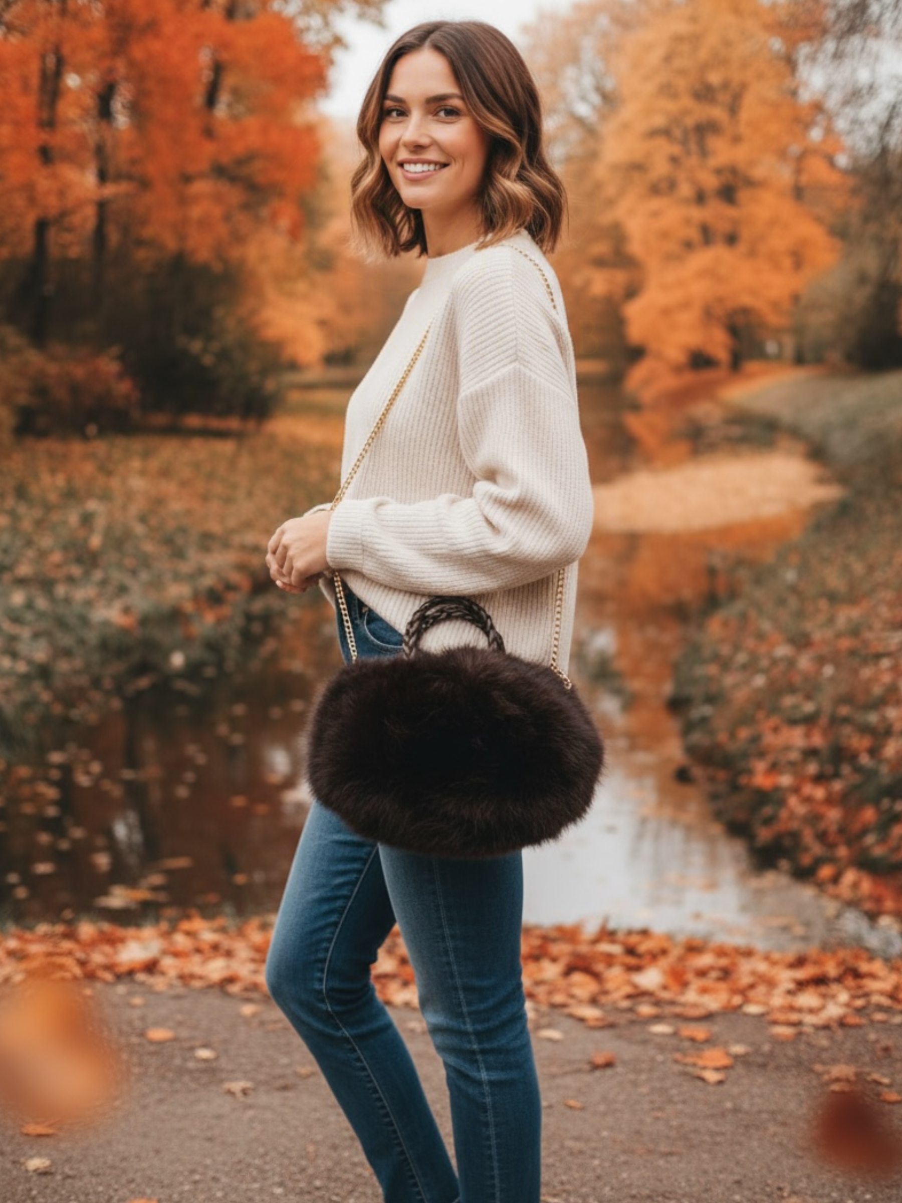 QBAW25 CW B704 Brown Small Fluffy Bag featuring soft faux fur, gold chain strap and a compact design for elegant day-to-night styling.