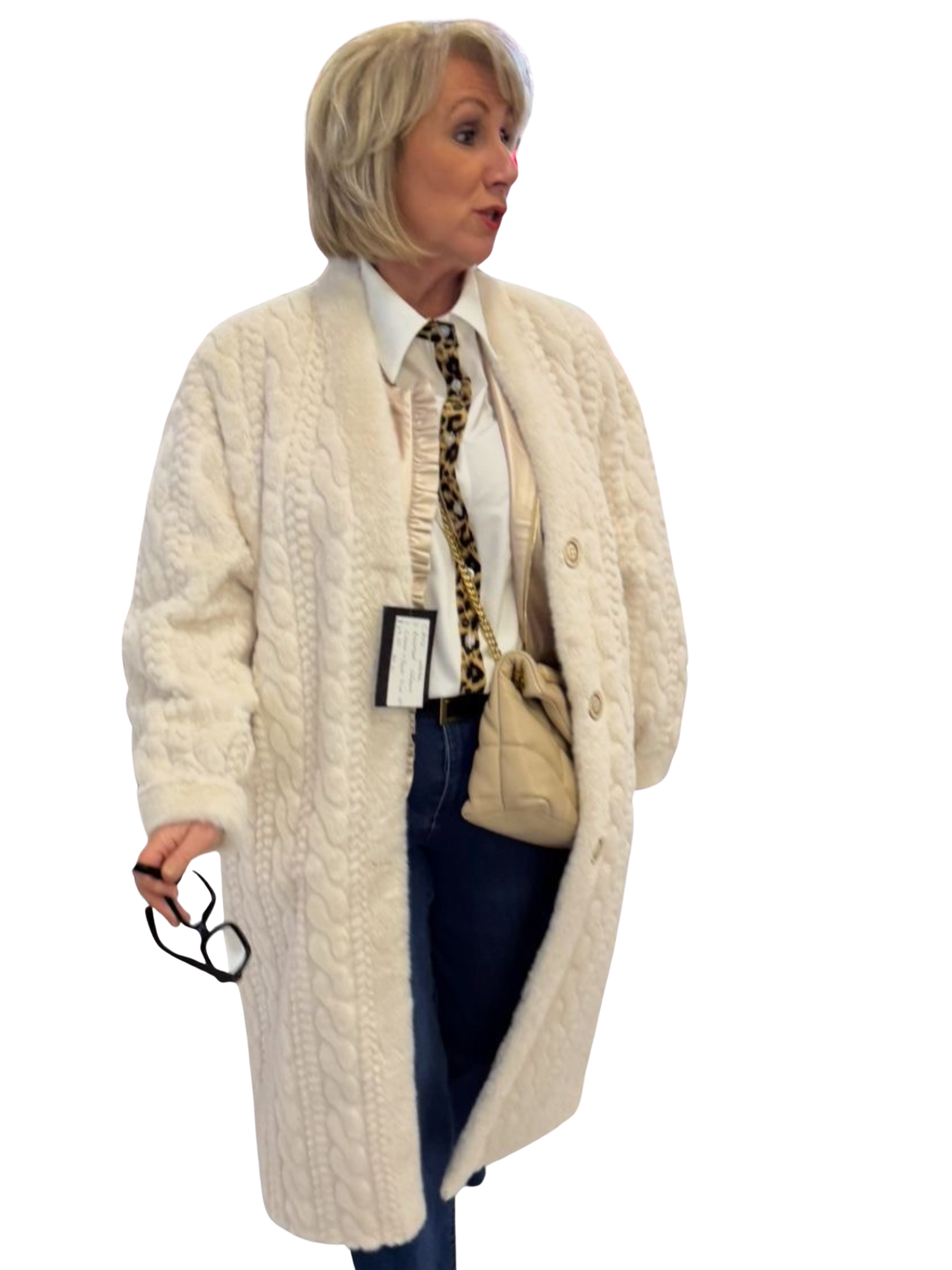 QBAW25 CW C802 Cable Fluffy Coat featuring a soft cable-textured faux fur design, relaxed fit and button fastening.