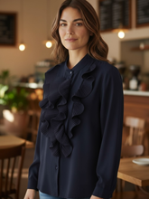 Load image into Gallery viewer, The Queen B Felicity Blouse featuring cascading pleated frills, a button-through front and elegant long sleeves for timeless, sophisticated style.