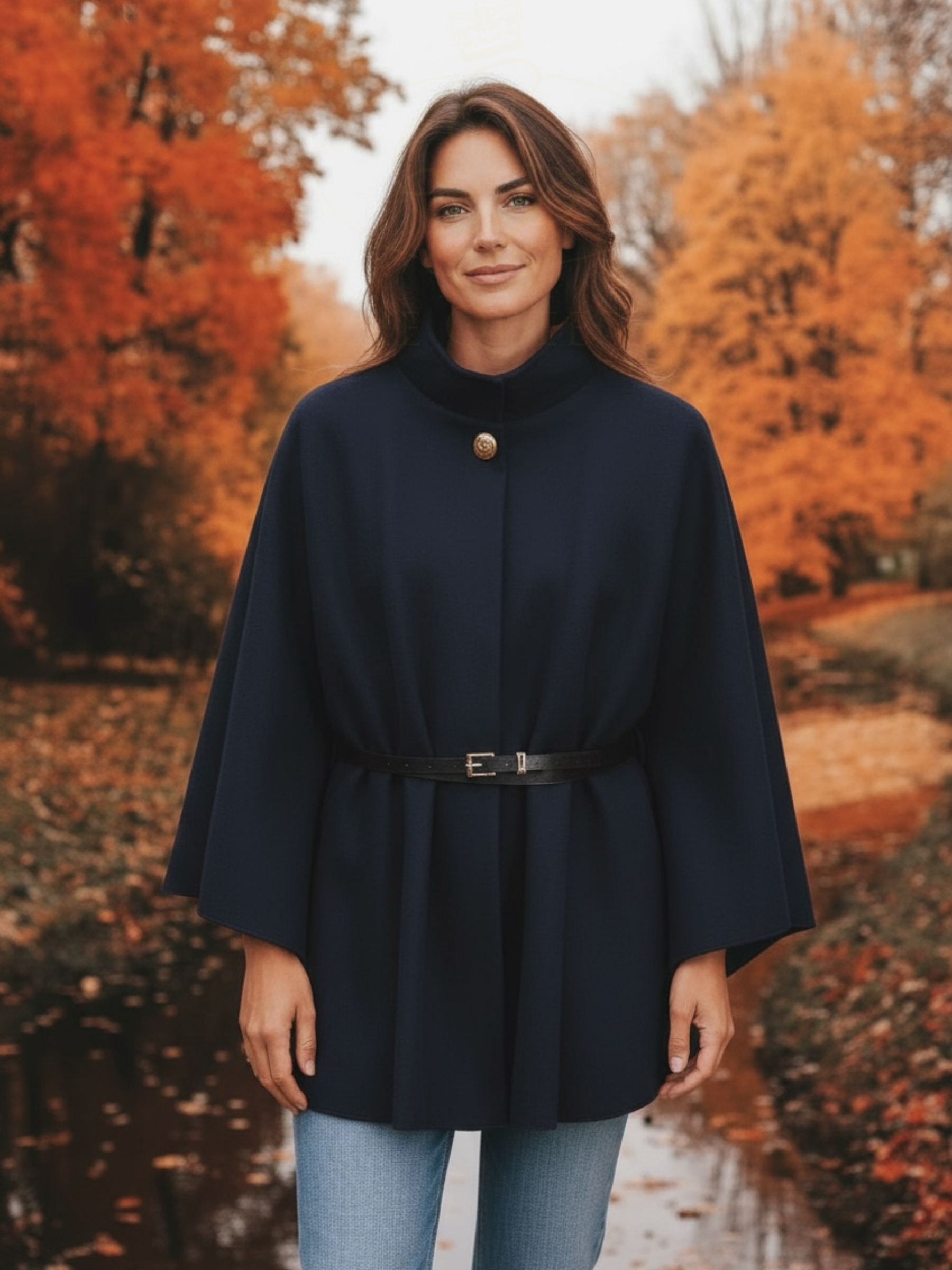 The QBAW25 RR Navy Carrie Cape features a structured silhouette with wide sleeves, a high neckline and elegant gold button detailing. Finished with a detachable belt for a flattering fit, this chic cape blends timeless tailoring with modern sophistication - perfect for layering over seasonal outfits.