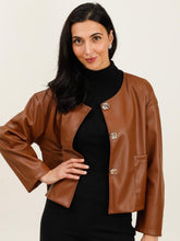 Load image into Gallery viewer, QBAW25 RR Penny Jacket in tan with statement button fastenings, cropped silhouette and pocket detail, also available in wine.