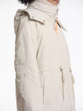 Load image into Gallery viewer, Rino & Pelle Quinte Birch outdoor jacket-longline women’s winter coat with detachable hood and high collar, warm and stylish neutral outerwear.