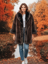 Load image into Gallery viewer, Malissa J swirl faux fur coat in brown with black trim - women’s luxury mid-length faux fur jacket, elegant winter evening and occasion coat