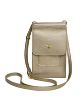 Load image into Gallery viewer, Alice Wheeler AW6026 Bronze Mini Bloomsbury Cross Body Bag – vegan leather compact crossbody with bronze suede panel, card holder and magnetic clasp, women’s stylish everyday bag.
