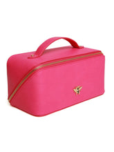 Load image into Gallery viewer, ALICE WHEELER AW0266 hot pink train case with gold zip, wide opening, lined interior and internal pockets.
