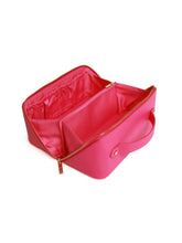 Load image into Gallery viewer, ALICE WHEELER AW0266 hot pink train case with gold zip, wide opening, lined interior and internal pockets.
