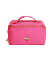 Load image into Gallery viewer, ALICE WHEELER AW0267 hot pink mini train case with gold zip, wide opening, lined interior and internal pockets.
