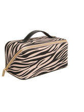Load image into Gallery viewer, ALICE WHEELER AW0332 zebra print luxury train case with gold zip, wide opening and internal pockets for organised beauty storage.
