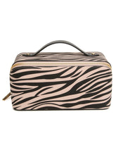 Load image into Gallery viewer, ALICE WHEELER AW0332 zebra print luxury train case with gold zip, wide opening and internal pockets for organised beauty storage.
