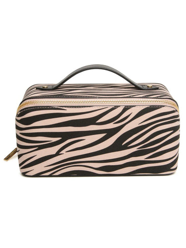 ALICE WHEELER AW0332 zebra print luxury train case with gold zip, wide opening and internal pockets for organised beauty storage.