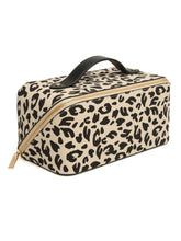 Load image into Gallery viewer, ALICE WHEELER AW0334 leopard print large train case with gold zip, wide opening, compartments and 24 × 12 × 12 cm size.
