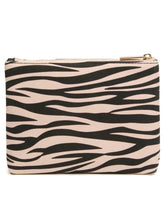 Load image into Gallery viewer, ALICE WHEELER AW0335 zebra print pouch with gold zip fastening, compact 15.5 × 13.5 × 2.5 cm size, ideal for beauty storage.
