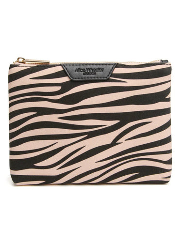 ALICE WHEELER AW0335 zebra print pouch with gold zip fastening, compact 15.5 × 13.5 × 2.5 cm size, ideal for beauty storage.