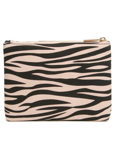 ALICE WHEELER AW0335 zebra print pouch with gold zip fastening, compact 15.5 × 13.5 × 2.5 cm size, ideal for beauty storage.