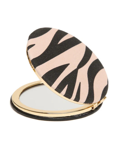 ALICE WHEELER AW0338 Zebra compact mirror with vegan leather cover, honey bee emblem, dual magnification, 7cm round design.