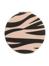 Load image into Gallery viewer, ALICE WHEELER AW0338 Zebra compact mirror with vegan leather cover, honey bee emblem, dual magnification, 7cm round design.
